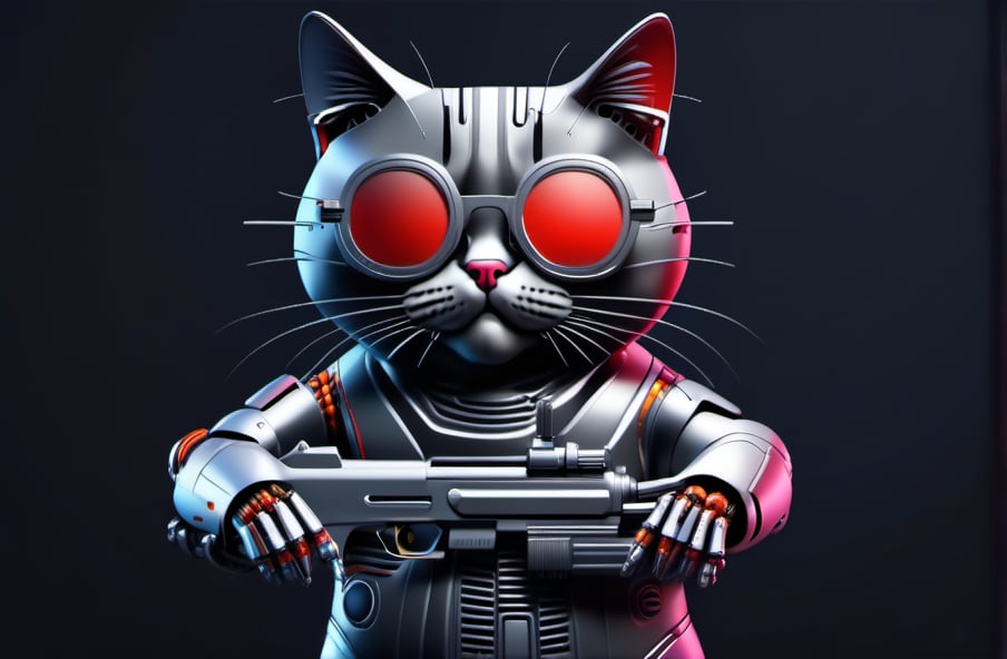 cat cyborg shooting a big gun, cat shooting , super futurista, arte en acuarela, y pintura, estilo vector,Leonardo Style,oni style, illustration, shooting a big gun, 