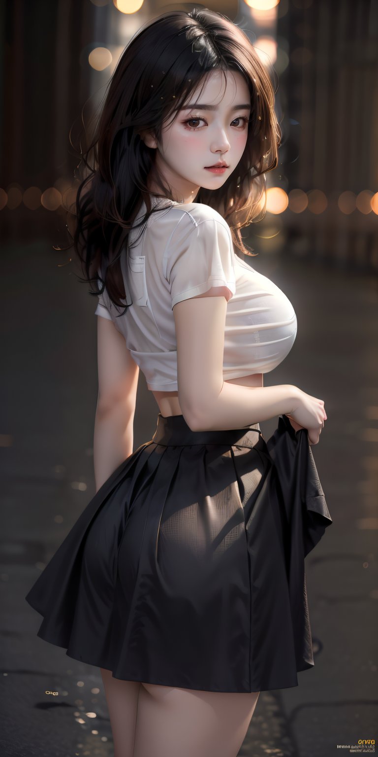 Masterpiece, 1girl, photorealistic, big_boobies, 8k, cinematic, big_butt, beautiful, black_hair, lifted_skirt, transparent_top, hyper_detail, glistening_skin,blurry_light_background,yeonyuromi,asian girl, front-view