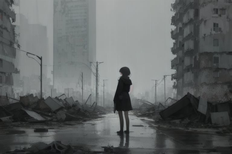 a cyberpunk girl alone in a destroyed city with a melancholic atmosphere produced by the rain that wets the city looking towards the camera