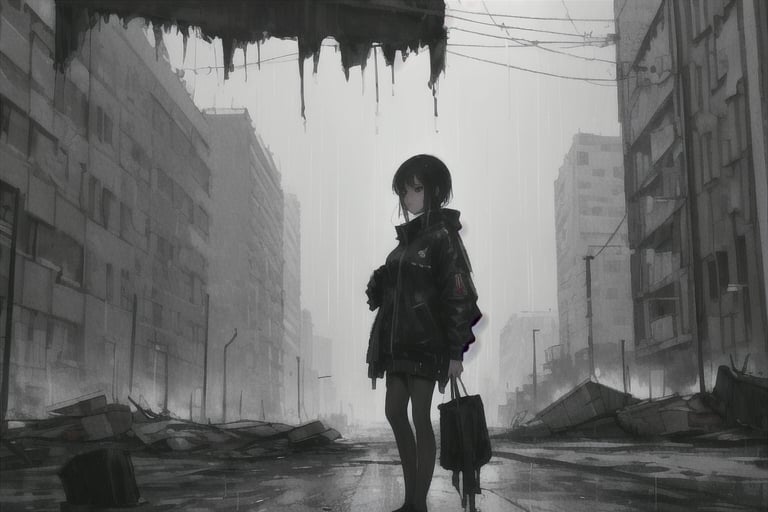 a cyberpunk girl alone in a destroyed city with a melancholic atmosphere produced by the rain that wets the city looking towards the camera