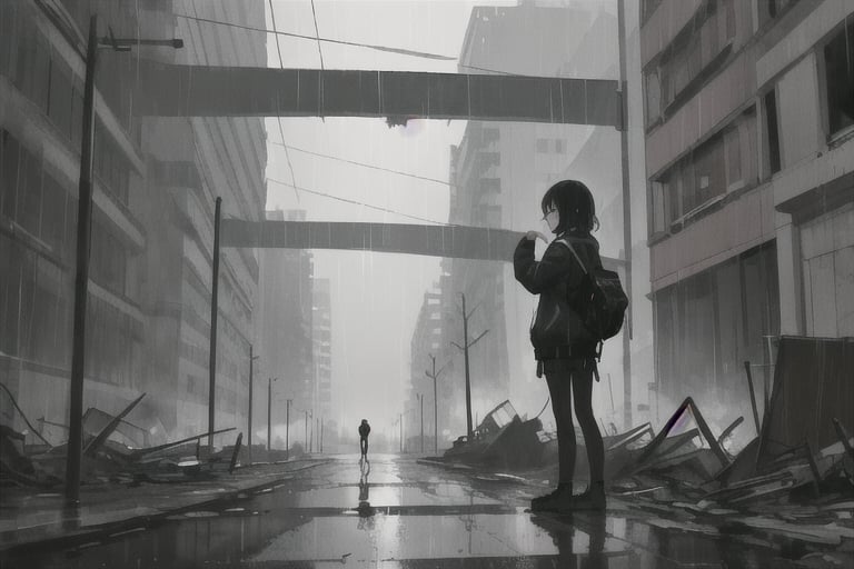 a cyberpunk girl alone in a destroyed city with a melancholic atmosphere produced by the rain that wets the city looking towards the camera