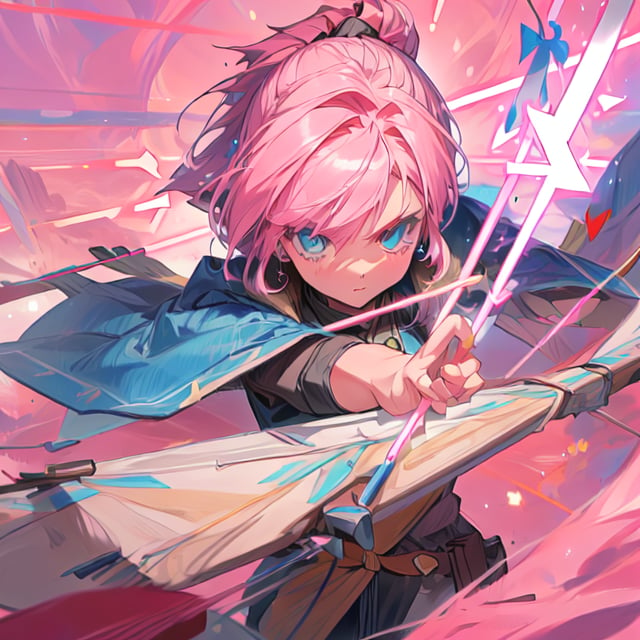 masterpiece, well detailed face and eyes,((an archer with pink hair and blue eyes who points an energy arrow at the viewer)), serious look, bow, energy arrow, detailed background, 5 fingers, hand and fingers well detailed,no_humans