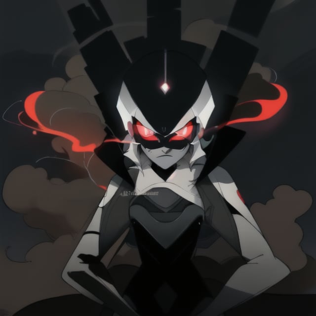 gray background, villain, epic suit, technical clothing, smoke, glowing eyes, smoke face, non-human,missheed