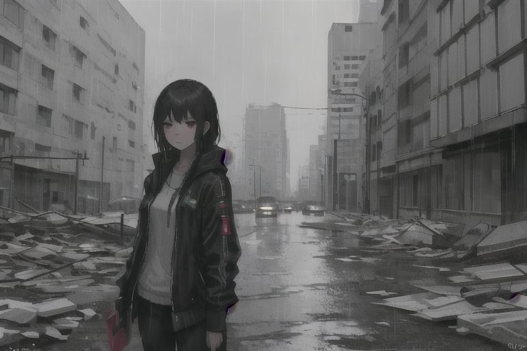 a cyberpunk girl alone in a destroyed city with a melancholic atmosphere produced by the rain that wets the city looking towards the camera