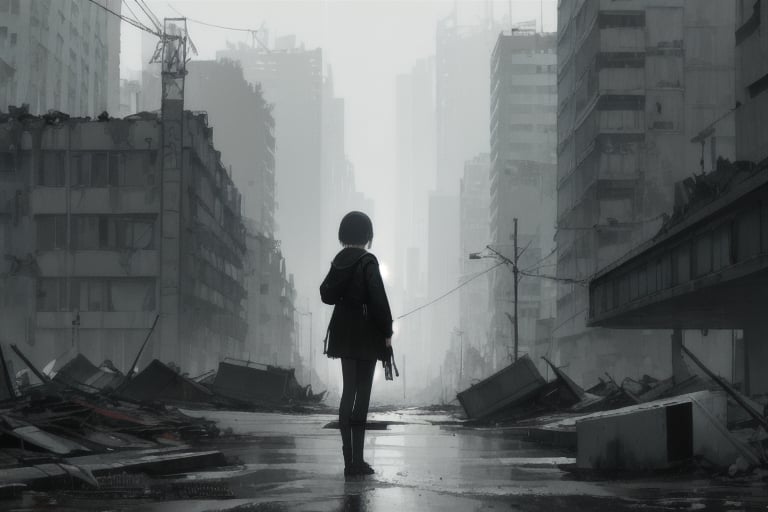 a cyberpunk girl alone in a destroyed city with a melancholic atmosphere produced by the rain that wets the city looking towards the camera