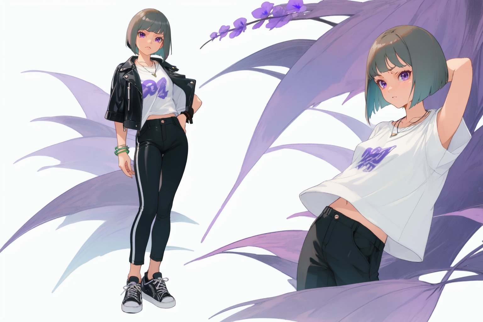 Bob cut, French violet cotton T-shirt, leather jacket, fabric pants, sneakers, necklace, simple bracelet,