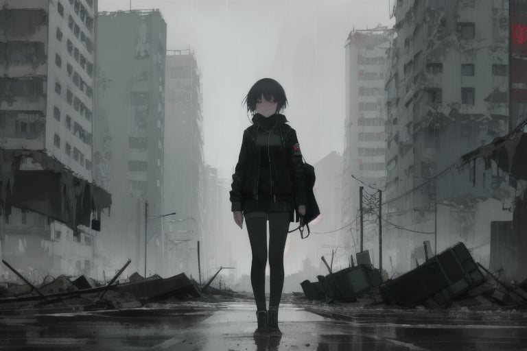 a cyberpunk girl alone in a destroyed city with a melancholic atmosphere produced by the rain that wets the city looking towards the camera