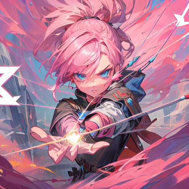 masterpiece, well detailed face and eyes,((an archer with pink hair and blue eyes who points an energy arrow at the viewer)), serious look, bow, energy arrow, detailed background, 5 fingers, hand and fingers well detailed,no_humans