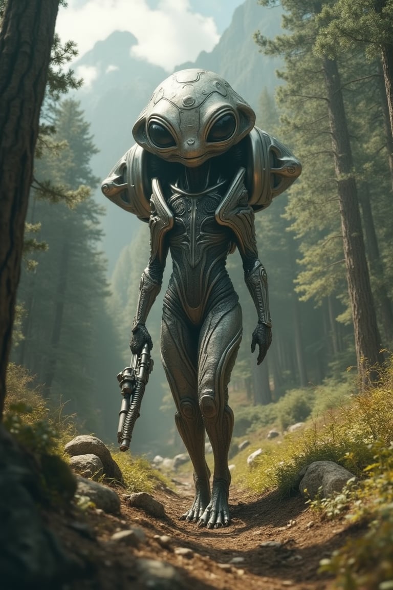 A serene forest clearing,  where an alien of tall stature with large,  round eyes descends from a sleek by Crowley  on Ten...