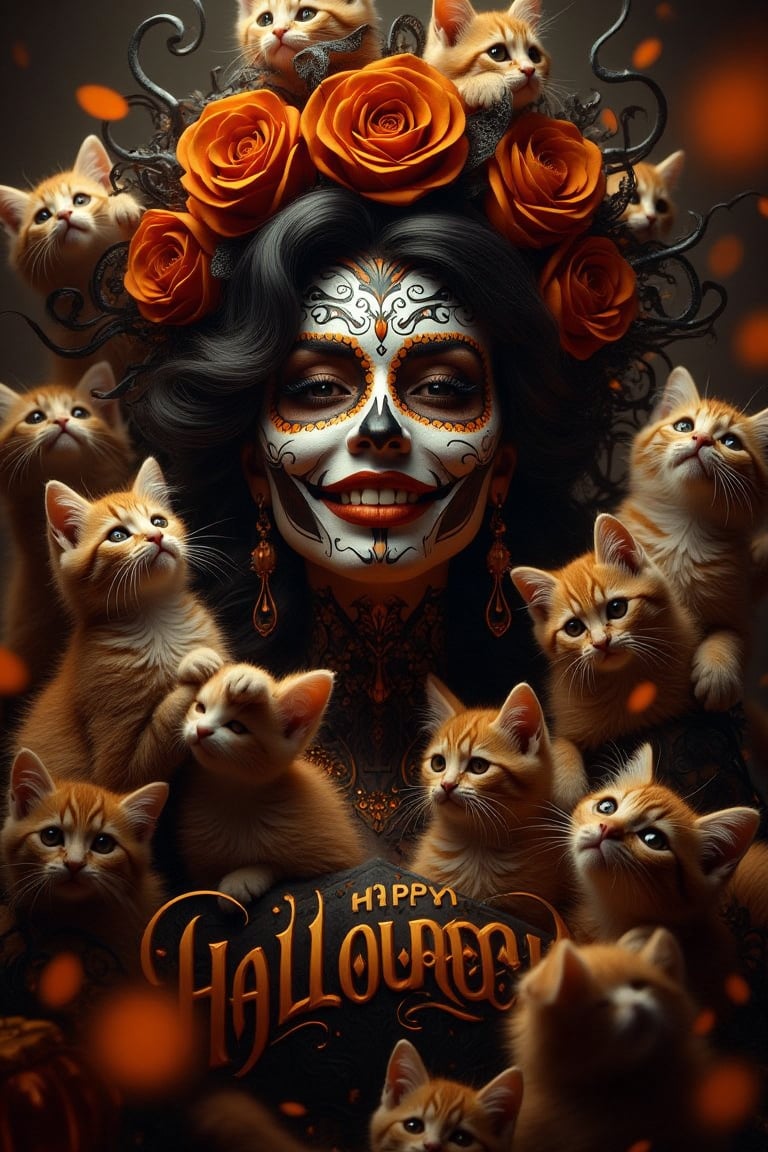 A beautiful dark-skinned woman, elaborately made up as a Catrina, smiles joyfully for a happy Halloween. She is surrounded by numerous kittens, all in playful poses. The scene is brightly lit with warm tones, capturing the festive atmosphere. The composition is centered on the woman, with the kittens arranged symmetrically around her. The background is softly blurred, focusing attention on the main subject.