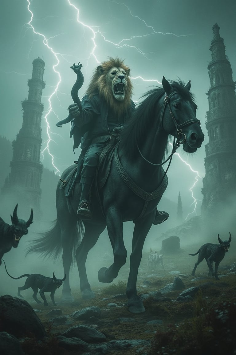 A majestic lion mounted on a black horse,  holding a coiled serpent in its hand,  rides through a stormy landscape. Behind...