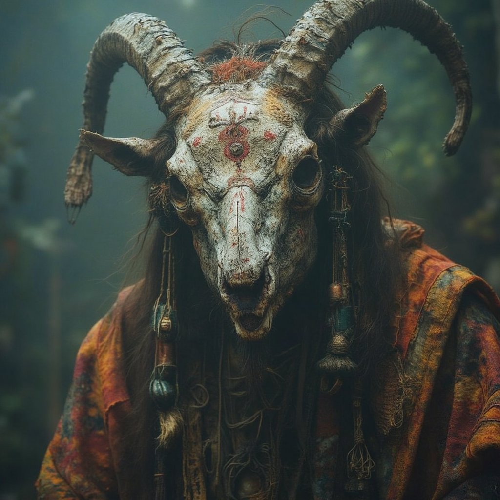 A shaman,  his face is a skull of a goat,  full of strange paintings of symbols by user_621269497835163599 on Tensor.Art