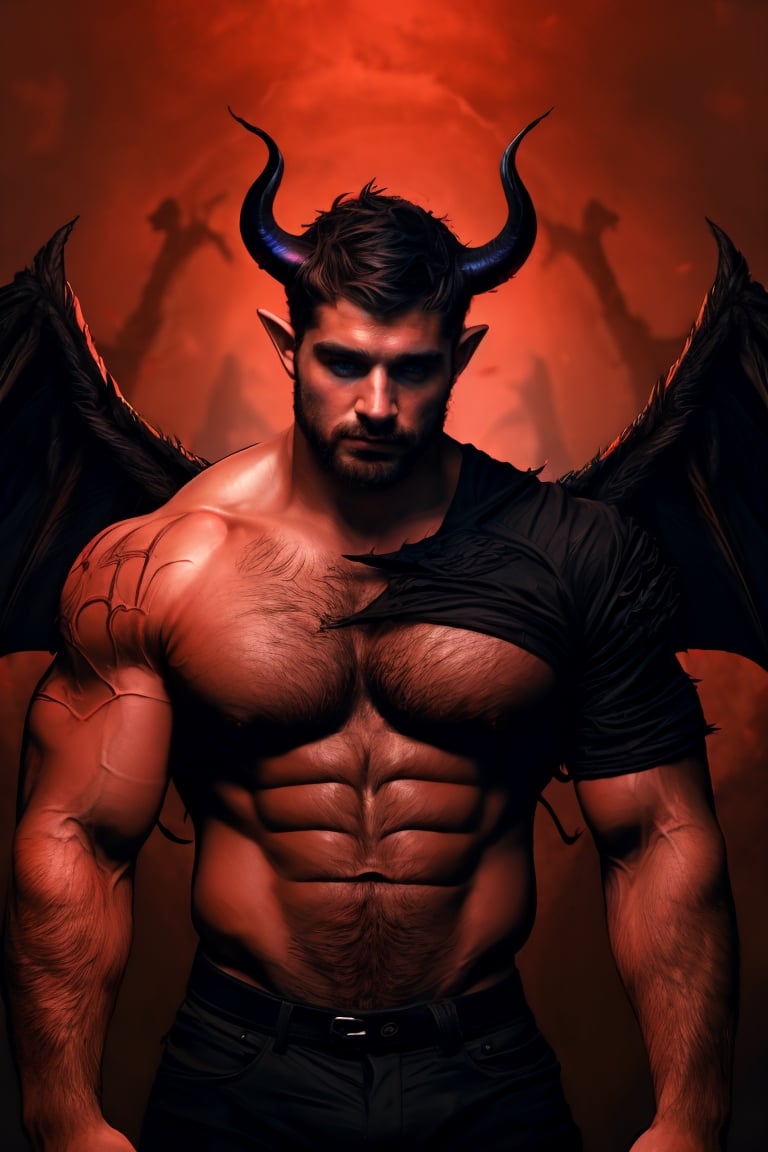 solo, looking at viewer, short hair, red-tipped black ombre hair, 1boy, upper body, male focus, wings, horns, pointy ears, demonic skin, muscular, facial hair, pectorals, muscular male, demon horns, bara, demon wings, beard, black wings, mature male, realistic, demon, chest hair,dom_suyo,handsome male,fantasy,DonMD3m0nV31ns