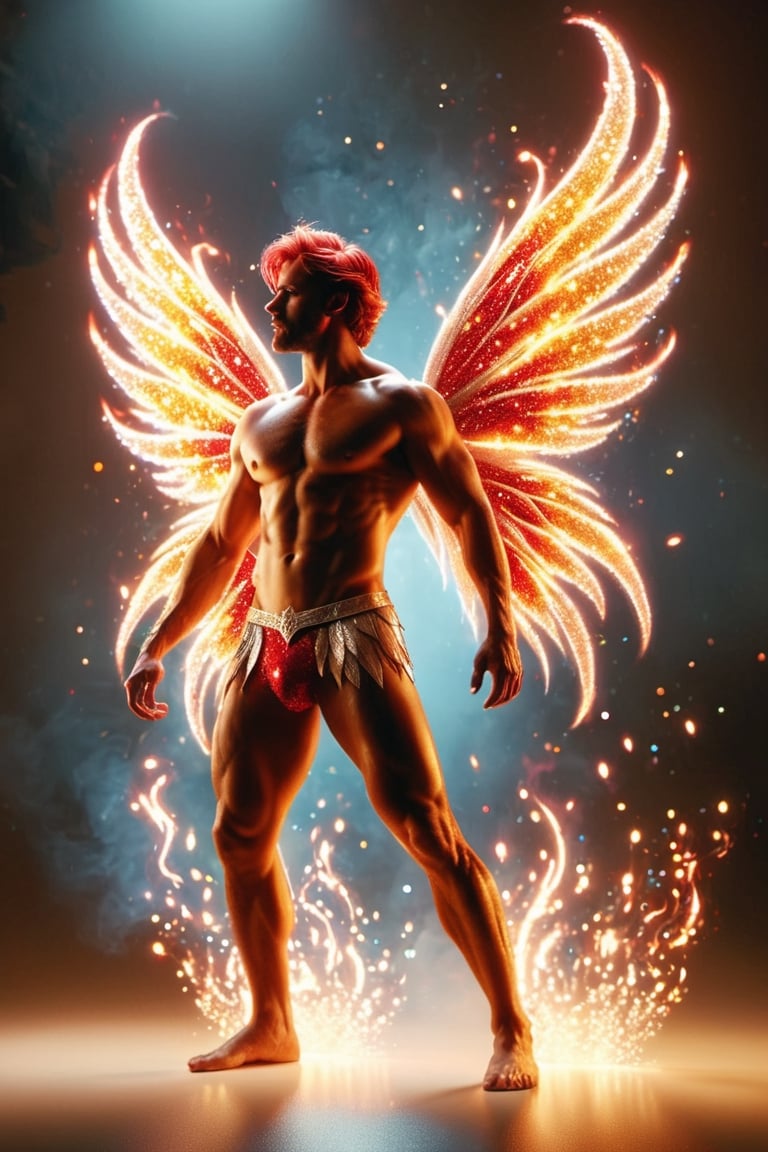 (photorealistic, masterpiece:1.5), best quality, beautiful lighting, realistic, real image, intricate details, depth of field, full body shot,1man, male focus, solo, extremely handsome, muscular, bara, male underwear, underwear bulge, muscular man, (male fairy), (glowing fiery red fairy wings), abs, nipples, pectorals, facial hair, (big beautiful flaming red fairy wings), flexing, topless male, navel, short red-yellow ombre colored hair, large pectorals, male, biceps, fiery background, exterior, stomach, anatomically correct, realistic, beautiful ethereal lighting, photorealistic (medium), 8k uhd, film grain, ((bokeh)), Cinematic Shot,DonMF41ryW1ng5XL,Mxl,glitter,Movie Still,fire element