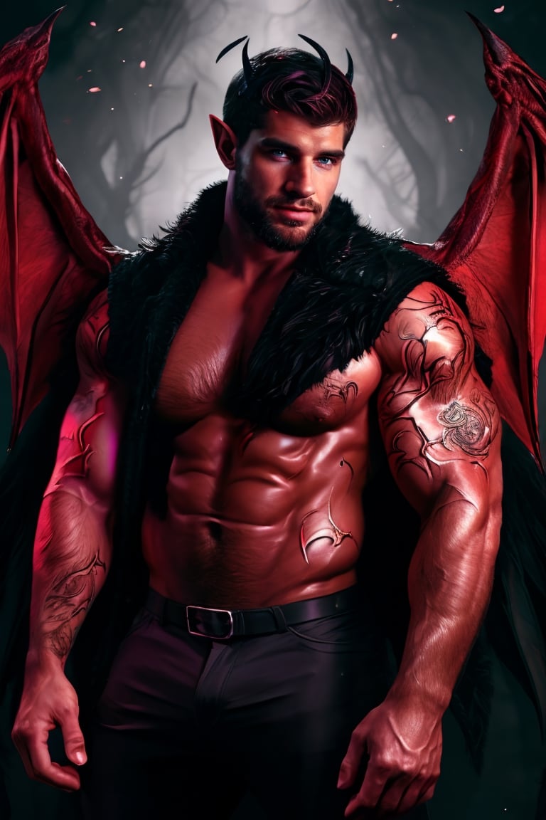 solo, looking at viewer, short hair, red-tipped black ombre hair, 1boy, upper body, male focus, wings, horns, pointy ears, demonic skin, muscular, facial hair, pectorals, muscular male, demon horns, bara, demon wings, beard, black wings, mature male, realistic, demon, chest hair,dom_suyo,handsome male,fantasy,DonMD3m0nV31ns