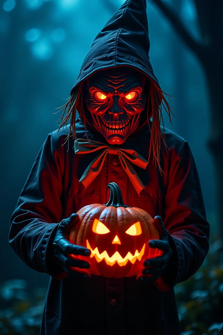 A detailed close-up of a menacing scarecrow, illuminated by a dark blue backlight, casting an eerie glow. The scarecrow's eyes are glowing red, exuding an evil presence. It holds a Jack-o'-lantern in its hands, its face twisted into a sinister grin. The scarecrow is depicted without legs, adding to its unsettling appearance. The background is shrouded in shadows, with the dark blue light creating a stark contrast. The composition emphasizes the scarecrow's malevolent aura and the eerie atmosphere, with a focus on its glowing red eyes, sinister grin, and the dark, foreboding environment.