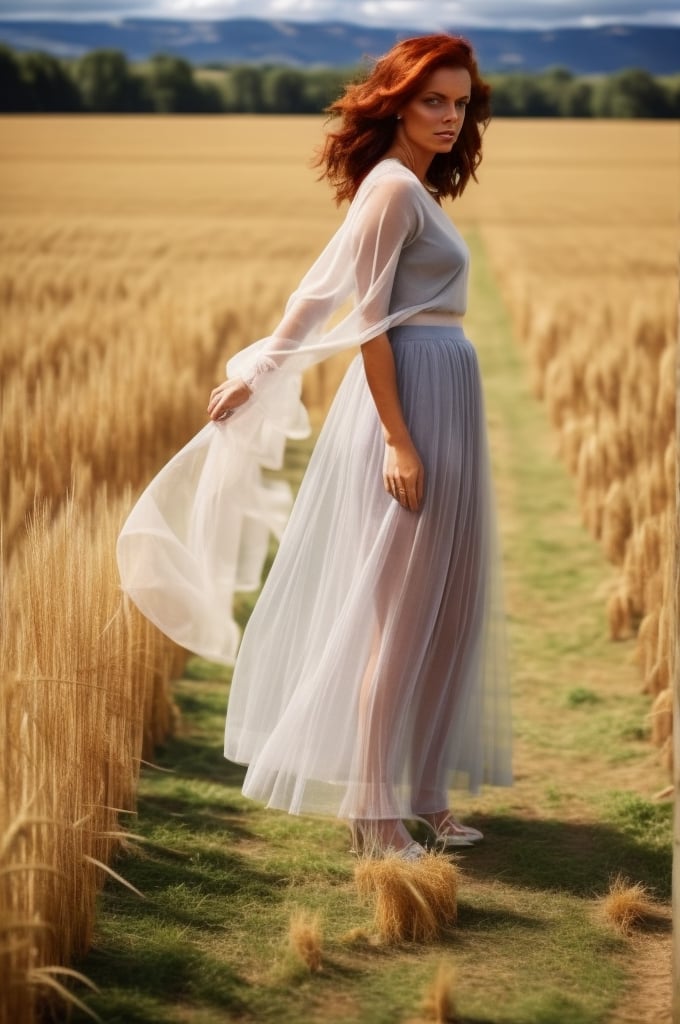 Young Inspired by photography from Vogue magazine, On a cloudy day, a woman is wearing a romantic transparent gauze, like clouds, a colorful long skirt, the atmosphere is like smoke and a dream, it is indescribably beautiful. Bad arms and hands, perfect nose, red hair, full body, standing in wheat field. Bottomless, perfect face.
, Extremely Realistic, One woman,photorealistic