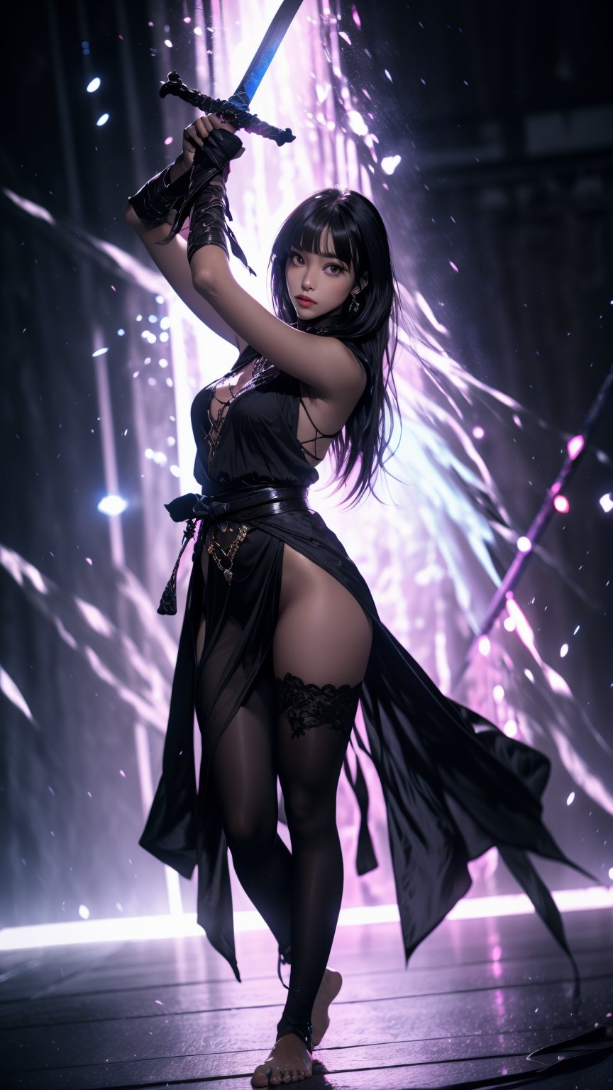 One woman, black knight warrior, fantasy sword, holding sword, sword glowing, black hair, long hair, past_the_waist with bangs, perfect body, perfect legs, perfect feet, perfect arms, perfect hands, barefoot, light_red_eyes, full lips, ((full_body)),midjourney,perfecteyes