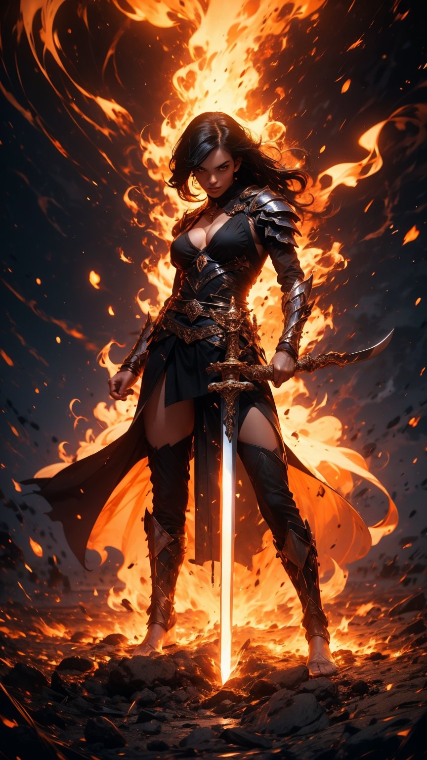 2woman, sisters, black knight warrior, fantasy sword, holding sword, sword glowing, hair glowing, black hair, white hair, long hair, past_the_waist with bangs, big breasts, perfect body, perfect legs, perfect feet, perfect arms, barefoot, light_red_eyes, full lips, full_body,perfecteyes,weapon,EpicSky,3DMM