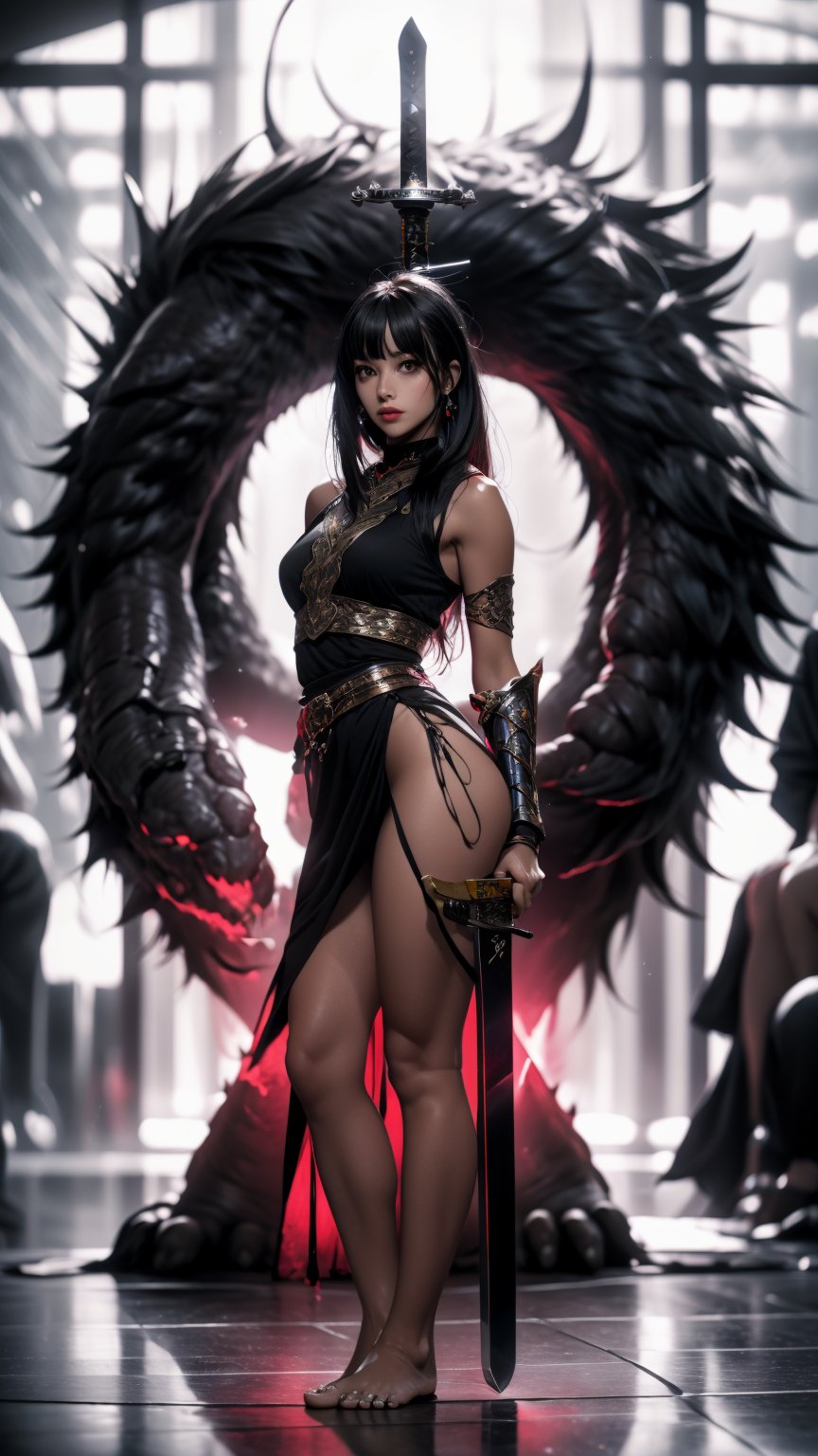 One woman, black knight warrior, fantasy sword, holding sword, sword glowing, black hair, long hair, past_the_waist with bangs, perfect body, perfect legs, perfect feet, perfect arms, perfect hands, barefoot, light_red_eyes, full lips, ((full_body)),midjourney,perfecteyes