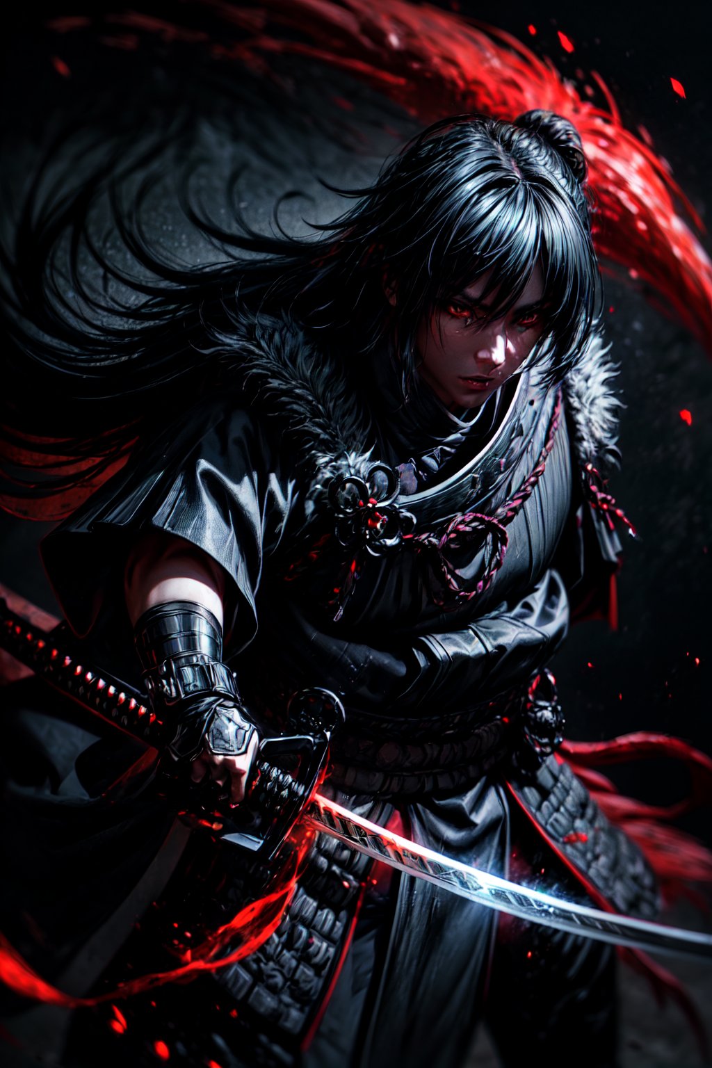 This is a close up portrait of a dark samurai in action and unleashing an attack with his demonic  katana in a grim , The samurai's black, galaxy armor-like attire exudes an aura of menacing elegance, wearing a demonic mask, seem to pierce through the darkness. The moonlight's faint glow touches the edges of the red moon, adding an eerie touch to the scene. The echoes of the samurai's footsteps fill the air while he performs a swordsmanship stance with an ominous sense of foreboding. The huge katana of the samurai, forged with ancient craftsmanship, gleams with a mirror-like polish, reflecting the world around it, Photography, DSLR camera with a macro lens High Resolution , Intricate Details, Volumetric Lightning, Shiny Armor, Highly Detailed huge blade, dark, key visuals, , unreal engine 5, RTX, Insanely Detailed galaxy armor, ultra wide shot, close up shot, atmospheric, sengoku period, plumes of jet black smokes, morbid, portrait, holding the katana from the hilt with his hand, Insanely Detailed hilt, Detailed blade of katana,  , r1ge,perfecteyes,EnvyBeautyMix23,RED FIRE GREEN FIRE BLUE FIRE PURPLE FIR