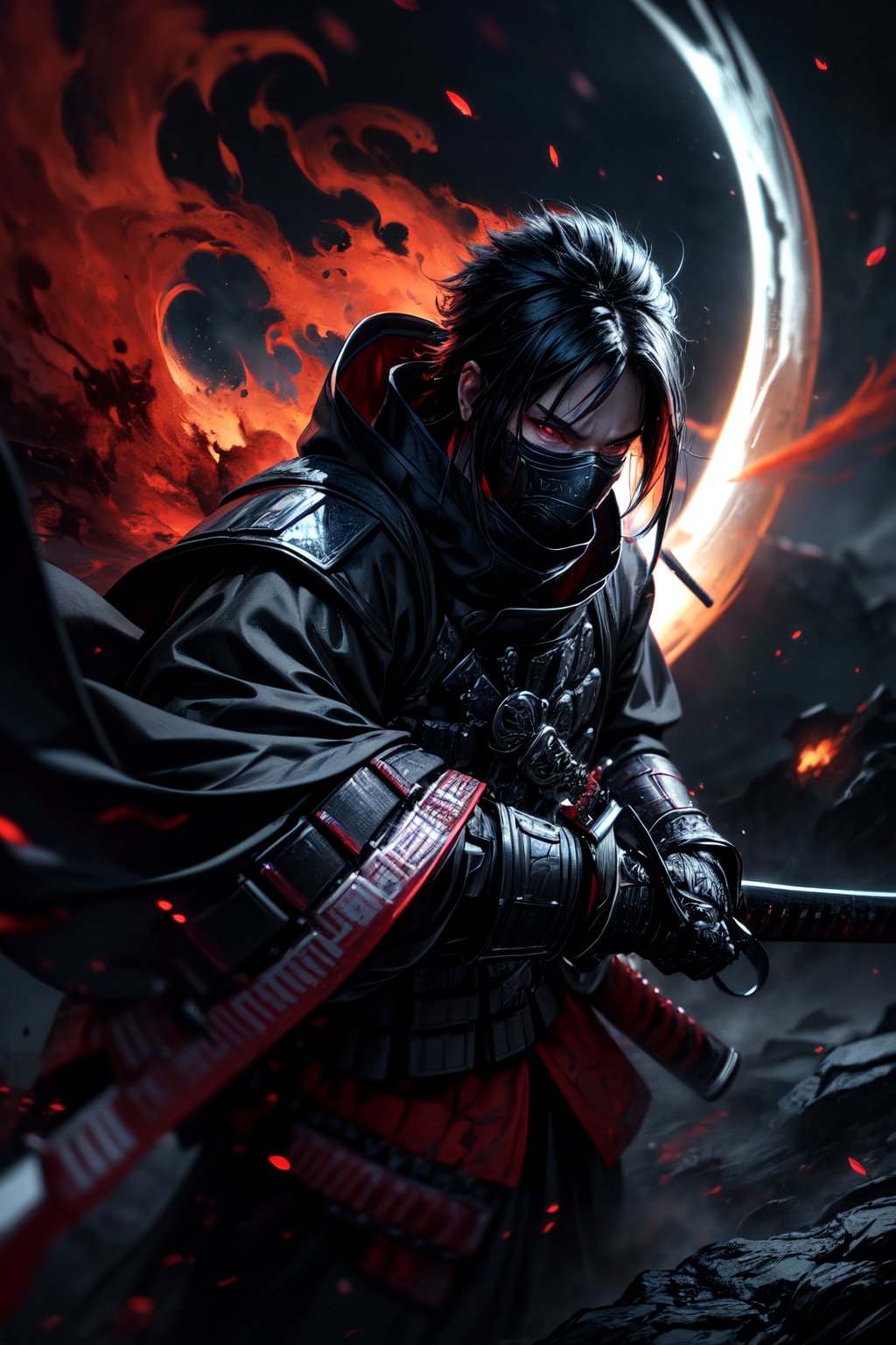 This is a close up portrait of a dark samurai in action and unleashing an attack with his demonic  katana in a grim , The samurai's black, galaxy armor-like attire exudes an aura of menacing elegance, wearing a demonic mask, seem to pierce through the darkness. The moonlight's faint glow touches the edges of the red moon, adding an eerie touch to the scene. The echoes of the samurai's footsteps fill the air while he performs a swordsmanship stance with an ominous sense of foreboding. The huge katana of the samurai, forged with ancient craftsmanship, gleams with a mirror-like polish, mask, mask covereing the whole face, reflecting the world around it, Photography, DSLR camera with a macro lens High Resolution , Intricate Details, Volumetric Lightning, Shiny Armor, Highly Detailed huge blade, dark, key visuals, , unreal engine 5, RTX, Insanely Detailed galaxy armor, ultra wide shot, close up shot, atmospheric, sengoku period, plumes of jet black smokes, morbid, portrait, holding the katana from the hilt with his hand, Insanely Detailed hilt, Detailed blade of katana,  , r1ge,perfecteyes,EnvyBeautyMix23,RED FIRE GREEN FIRE BLUE FIRE PURPLE FIR,plague_doctor_mask 