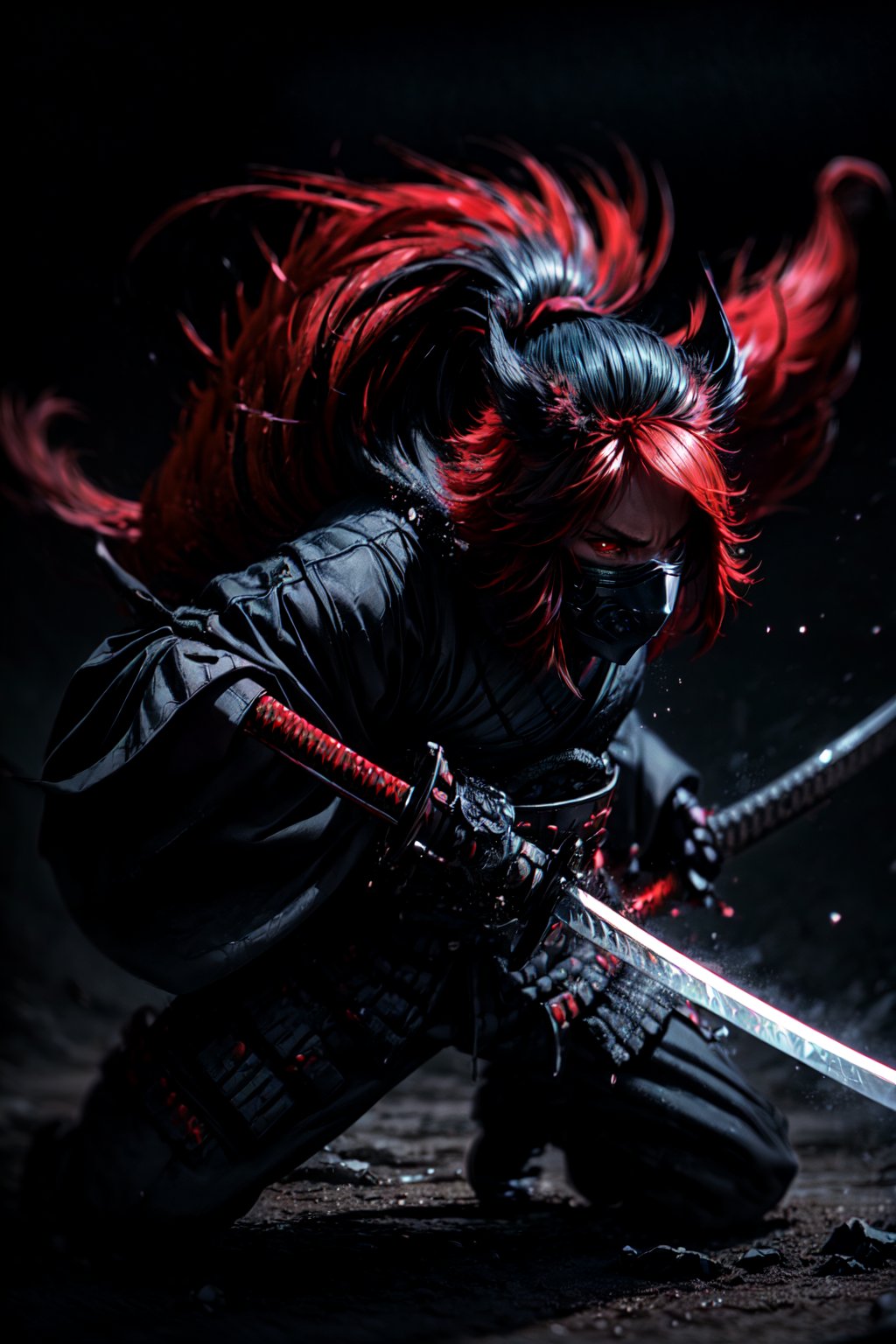 This is a close up portrait of a dark samurai in action and unleashing an attack with his demonic  katana in a grim , The samurai's black, galaxy armor-like attire exudes an aura of menacing elegance, wearing a demonic mask, seem to pierce through the darkness. The moonlight's faint glow touches the edges of the red moon, adding an eerie touch to the scene. The echoes of the samurai's footsteps fill the air while he performs a swordsmanship stance with an ominous sense of foreboding. The huge katana of the samurai, forged with ancient craftsmanship, gleams with a mirror-like polish, mask, mask covereing the whole face, reflecting the world around it, Photography, DSLR camera with a macro lens High Resolution , Intricate Details, Volumetric Lightning, Shiny Armor, Highly Detailed huge blade, dark, key visuals, , unreal engine 5, RTX, Insanely Detailed galaxy armor, ultra wide shot, close up shot, atmospheric, sengoku period, plumes of jet black smokes, morbid, portrait, holding the katana from the hilt with his hand, Insanely Detailed hilt, Detailed blade of katana,  , r1ge,perfecteyes,EnvyBeautyMix23,RED FIRE GREEN FIRE BLUE FIRE PURPLE FIR,plague_doctor_mask 