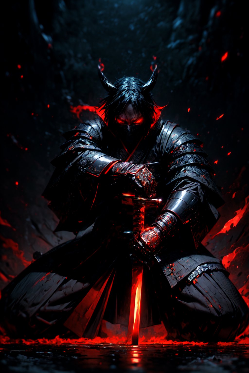 This is a close up portrait of a dark samurai in action and unleashing an attack with his demonic  katana in a grim , The samurai's black, galaxy armor-like attire exudes an aura of menacing elegance, wearing a demonic mask, seem to pierce through the darkness. The moonlight's faint glow touches the edges of the red moon, adding an eerie touch to the scene. The echoes of the samurai's footsteps fill the air while he performs a swordsmanship stance with an ominous sense of foreboding. The huge katana of the samurai, forged with ancient craftsmanship, gleams with a mirror-like polish, reflecting the world around it, Photography, DSLR camera with a macro lens High Resolution , Intricate Details, Volumetric Lightning, Shiny Armor, Highly Detailed huge blade, dark, key visuals, , unreal engine 5, RTX, Insanely Detailed galaxy armor, ultra wide shot, close up shot, atmospheric, sengoku period, plumes of jet black smokes, morbid, portrait, holding the katana from the hilt with his hand, Insanely Detailed hilt, Detailed blade of katana,  , r1ge,perfecteyes,EnvyBeautyMix23,RED FIRE GREEN FIRE BLUE FIRE PURPLE FIR