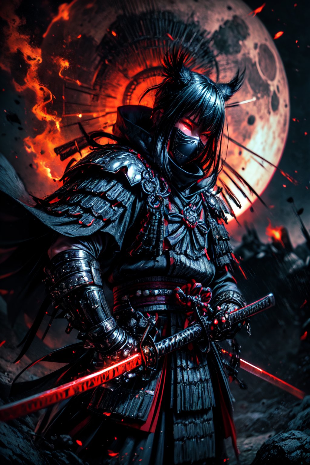 This is a close up portrait of a dark samurai in action and unleashing an attack with his demonic  katana in a grim , The samurai's black, galaxy armor-like attire exudes an aura of menacing elegance, wearing a demonic mask, seem to pierce through the darkness. The moonlight's faint glow touches the edges of the red moon, adding an eerie touch to the scene. The echoes of the samurai's footsteps fill the air while he performs a swordsmanship stance with an ominous sense of foreboding. The huge katana of the samurai, forged with ancient craftsmanship, gleams with a mirror-like polish, mask, mask covereing the whole face, reflecting the world around it, Photography, DSLR camera with a macro lens High Resolution , Intricate Details, Volumetric Lightning, Shiny Armor, Highly Detailed huge blade, dark, key visuals, , unreal engine 5, RTX, Insanely Detailed galaxy armor, ultra wide shot, close up shot, atmospheric, sengoku period, plumes of jet black smokes, morbid, portrait, holding the katana from the hilt with his hand, Insanely Detailed hilt, Detailed blade of katana,  , r1ge,perfecteyes,EnvyBeautyMix23,RED FIRE GREEN FIRE BLUE FIRE PURPLE FIR,plague_doctor_mask 