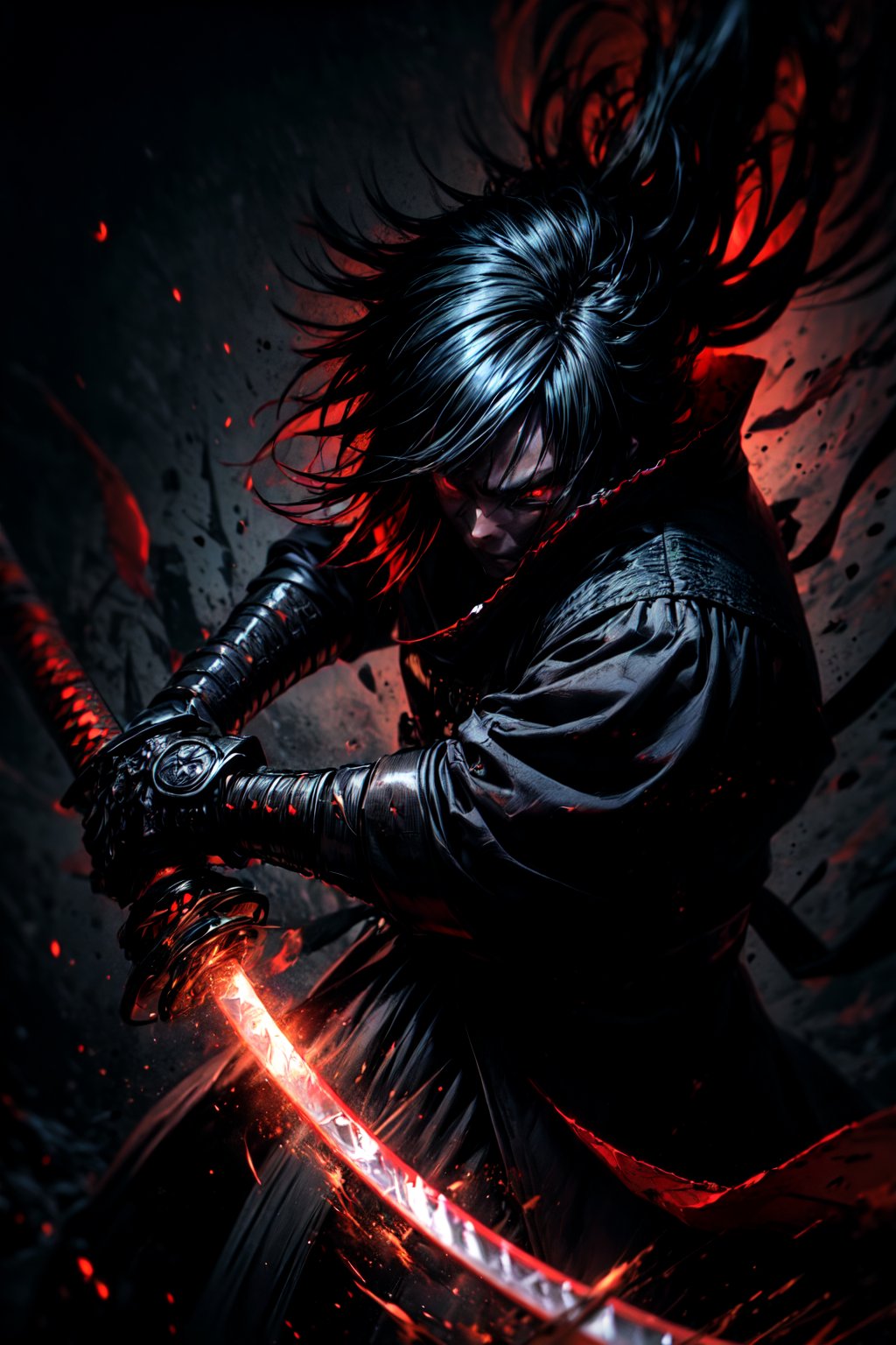 This is a close up portrait of a dark samurai in action and unleashing an attack with his demonic  katana in a grim , The samurai's black, galaxy armor-like attire exudes an aura of menacing elegance, wearing a demonic mask, seem to pierce through the darkness. The moonlight's faint glow touches the edges of the red moon, adding an eerie touch to the scene. The echoes of the samurai's footsteps fill the air while he performs a swordsmanship stance with an ominous sense of foreboding. The huge katana of the samurai, forged with ancient craftsmanship, gleams with a mirror-like polish, reflecting the world around it, Photography, DSLR camera with a macro lens High Resolution , Intricate Details, Volumetric Lightning, Shiny Armor, Highly Detailed huge blade, dark, key visuals, , unreal engine 5, RTX, Insanely Detailed galaxy armor, ultra wide shot, close up shot, atmospheric, sengoku period, plumes of jet black smokes, morbid, portrait, holding the katana from the hilt with his hand, Insanely Detailed hilt, Detailed blade of katana,  , r1ge,perfecteyes,EnvyBeautyMix23,RED FIRE GREEN FIRE BLUE FIRE PURPLE FIR