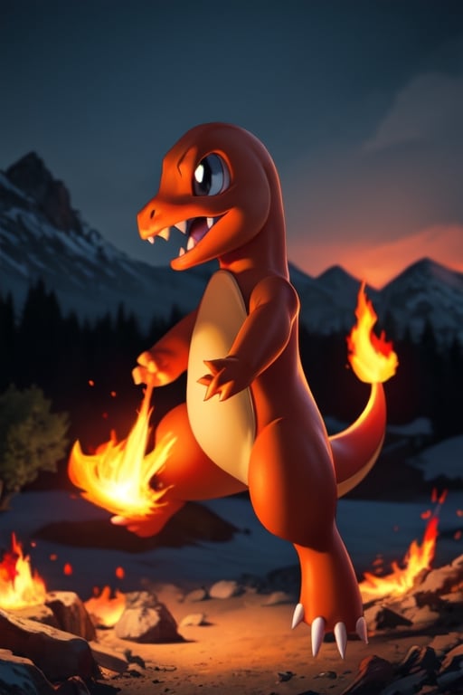 (best quality: 1.2), (masterpiece: 1.2), (realistic: 1.2), (detailed), Charmander_Pokemon, flame-tipped tail, pokemon_\(creature\), full_body, facing viewer, looking at viewer, embers, explosion, fangs, swirling flames, mountain, nature, no_humans, outdoors, sky, tree, (masterpiece: 1.2), absurdres, HDR