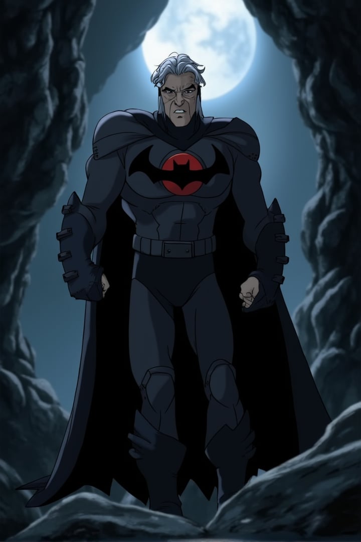 animation, a 67 years sophisticated old man with silver hair, muscled, wearing a dark grey aromored tactical suit featuring a bat symbol on his chest with a red circle behind the bat logo, flowing black cape, He stands with a grim expression in a cave filled with jagged rocks and deep shadows, The light from the moon barely illuminates his surroundings, casting dramatic shadows across his face and armor, His strong, chiseled features and intense gaze show years of fighting and hardship, The atmosphere is tense and dark, evoking the feeling of a lone vigilante preparing for the next battle, joinTheEvolution