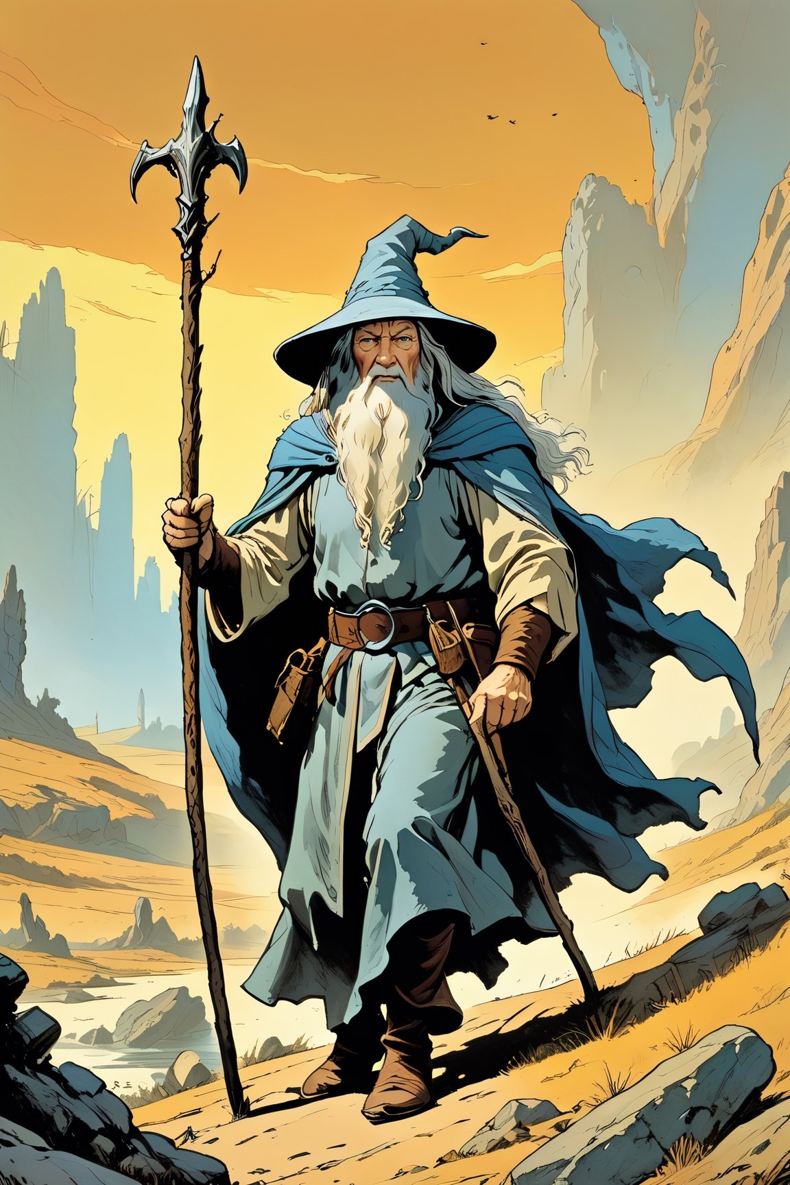 vintage comic book illustration, gandalf from the lord of the rings, in the style of Frank Frazetta, graphic illustration, comic art, graphic novel art, vibrant, highly detailed,