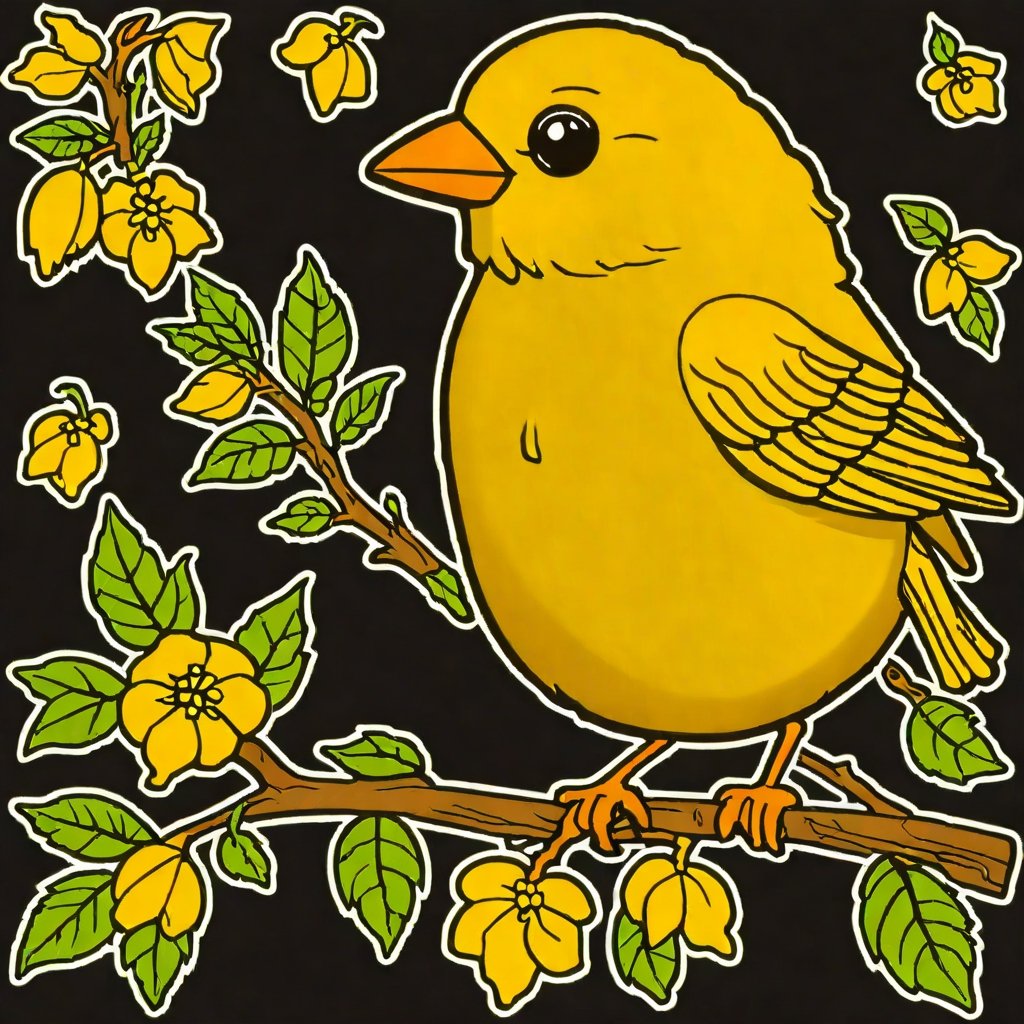 A vector illustration of a cute little canary, sticker design, isolated on black