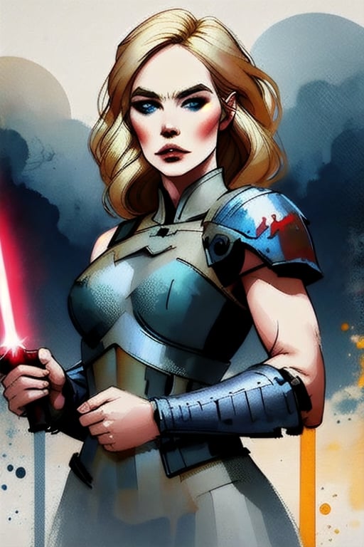 a young woman, (blonde: 1.3), with bangs, shoulder-length hair, light-blue eyes, grim face expression, pale skin, thin, wearing a brown robe, gray sleeveless armor, holding a red sith lightsaber with both hands, planet Endor in the background,YunQiuWaterColor,HQ