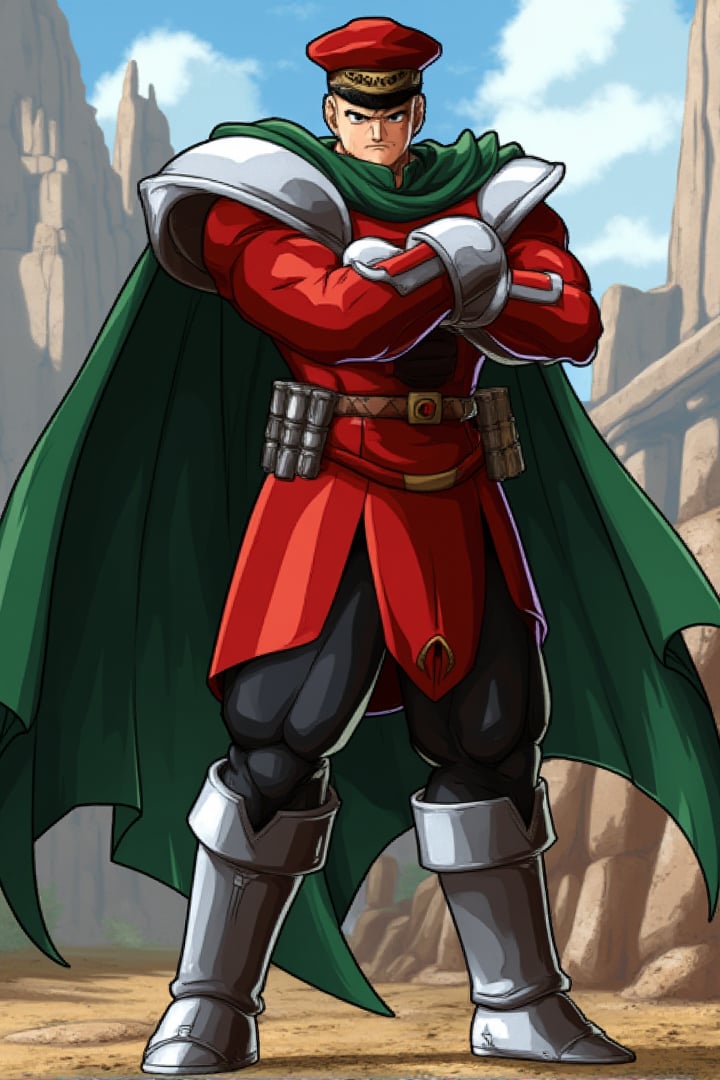 a man, fair skin, imposing, muscular, short hair, black hair, dressed in a red military uniform with black accents and silver armor pieces, He wears a red hat with a badge, and has a broad smile with a confident, commanding posture, standing with his arms crossed, His shoulders are protected by silver armor, and he wears silver gauntlets and boots that match his overall combat-ready aesthetic, A large dark green cape flows behind him, attached to his shoulder armor, The scene should emphasize his powerful physique and his leadership presence, while maintaining the vibrant red and silver contrast of his outfit,  Dragon Ball anime style, key visual, vibrant, studio anime,  highly detailed, theContenderz