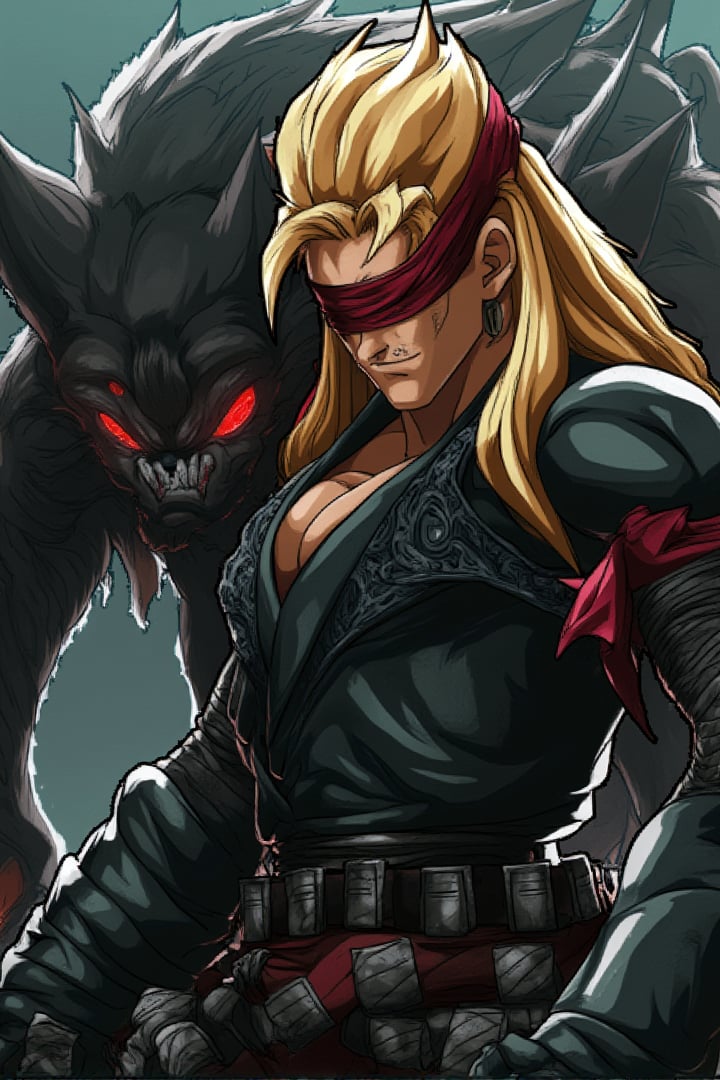 a man with a very long hair, blonde, thin, shaved, muscled, wearing a sleek black leather and armor outfit, featuring a red-black bandage covering his eyes, confident smirk and a relaxed pose, exuding a sense of power and mystery, The outfit is adorned with buckles and metallic accents, with glossy textures, A menacing, shadowy creature with sharp red glowing eyes and jagged teeth crouches beside them, emitting an aura of dangerm Dragon Ball anime style, key visual, vibrant, studio anime,  highly detailed, theContenderz