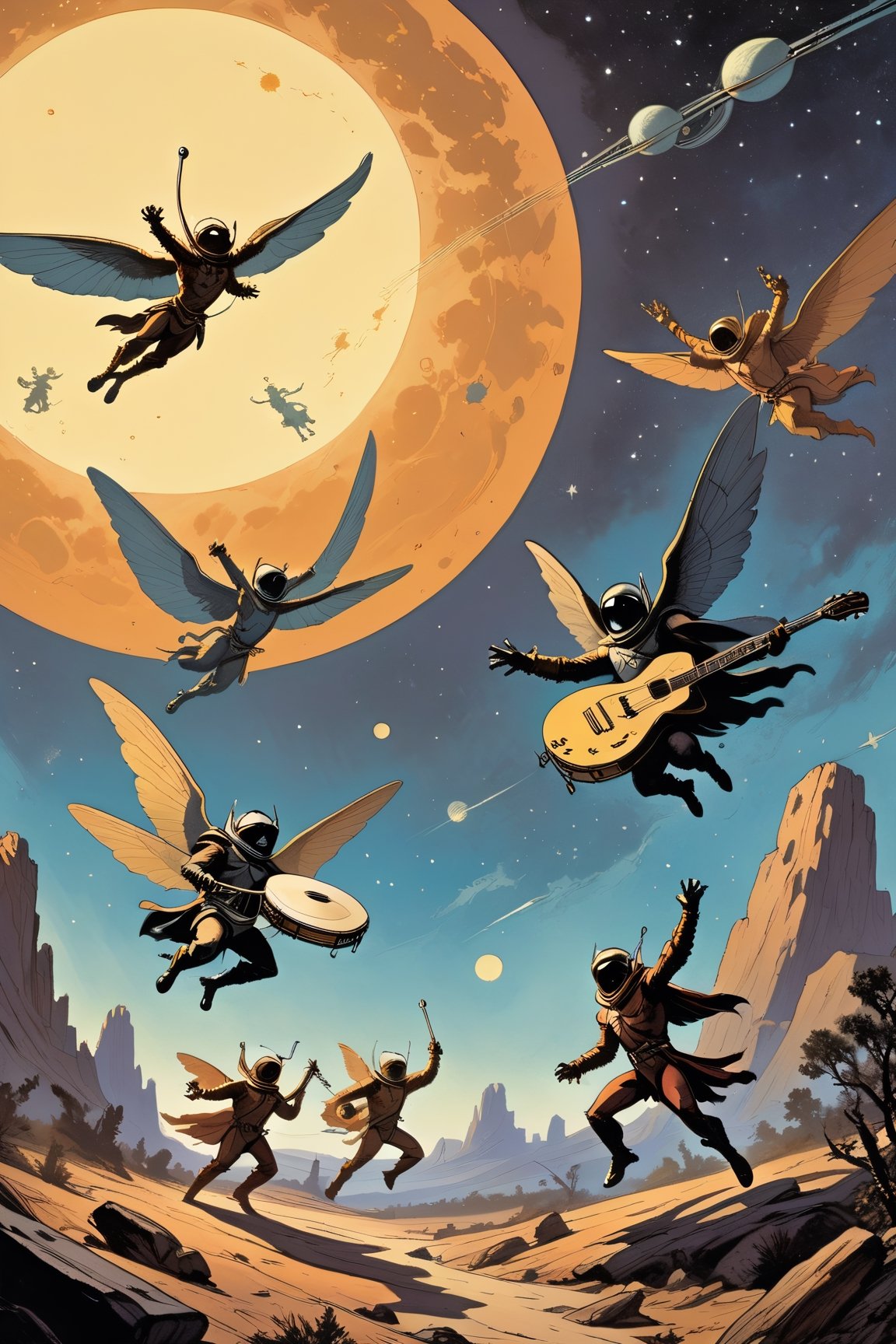 vintage comic book illustration,  band members fly on musical notes as guitars and drums morph into wings. They soar throu...