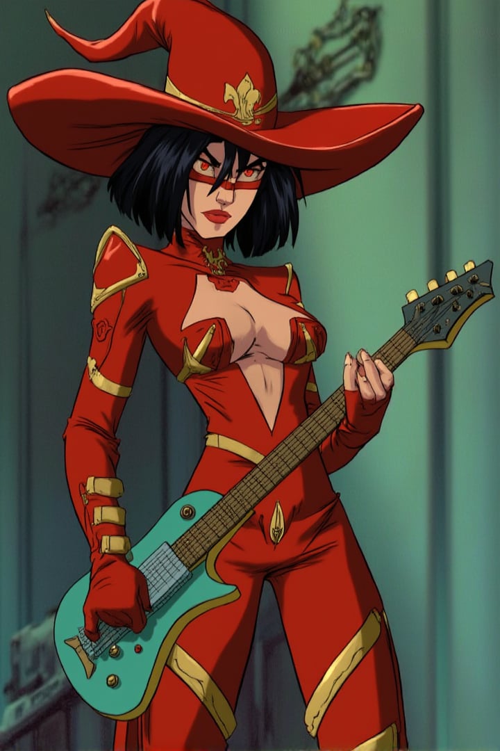 animation, a striking woman, wearing a vibrant red form-fiting battle outfit with gold accents, including a tall, wide-brimmed red witch's hat with a mystical emblem, The character has short black hair and a confident smirk, with deep, captivating eyes, She wields a turquoise electric guitar with intricate details and is posed dynamically as if about to perform or cast a spell, Her outfit combines a magical warrior aesthetic with futuristic elements, including fingerless gloves, a revealing chest plate, and high-tech armor pieces around her legs, The lighting should highlight the texture of her outfit and the shine of her guitar, joinTheEvolution