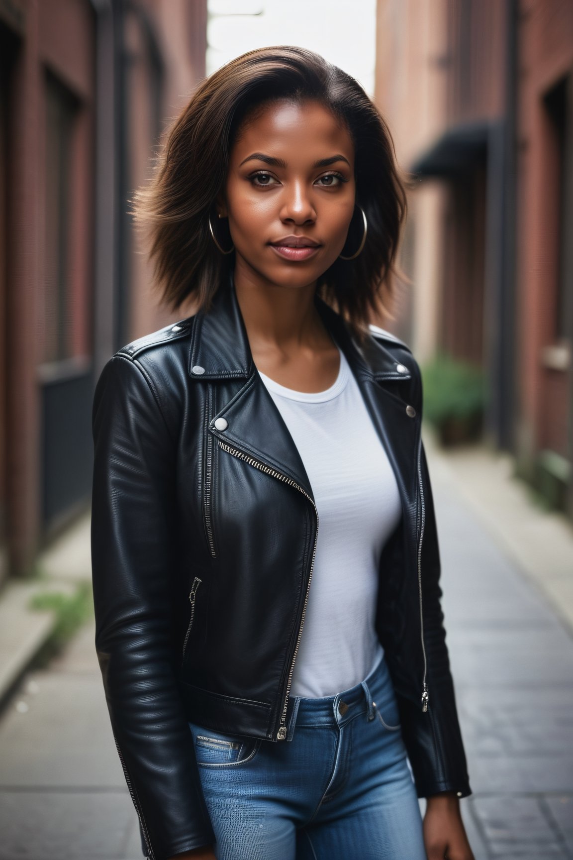 RAW photo, 1woman, 27 y.o, african american, delicate featured face, medium long hair, in sleek leather jacket, white t-shirt that contrasts with the jacket, jeans, black canvas sneakers, alleyway in the background, at day, moody, epic, gorgeous, film grain, grainy, award-winning photo, absurdres, masterpiece, studio lighting,analog,<lora:659095807385103906:1.0>