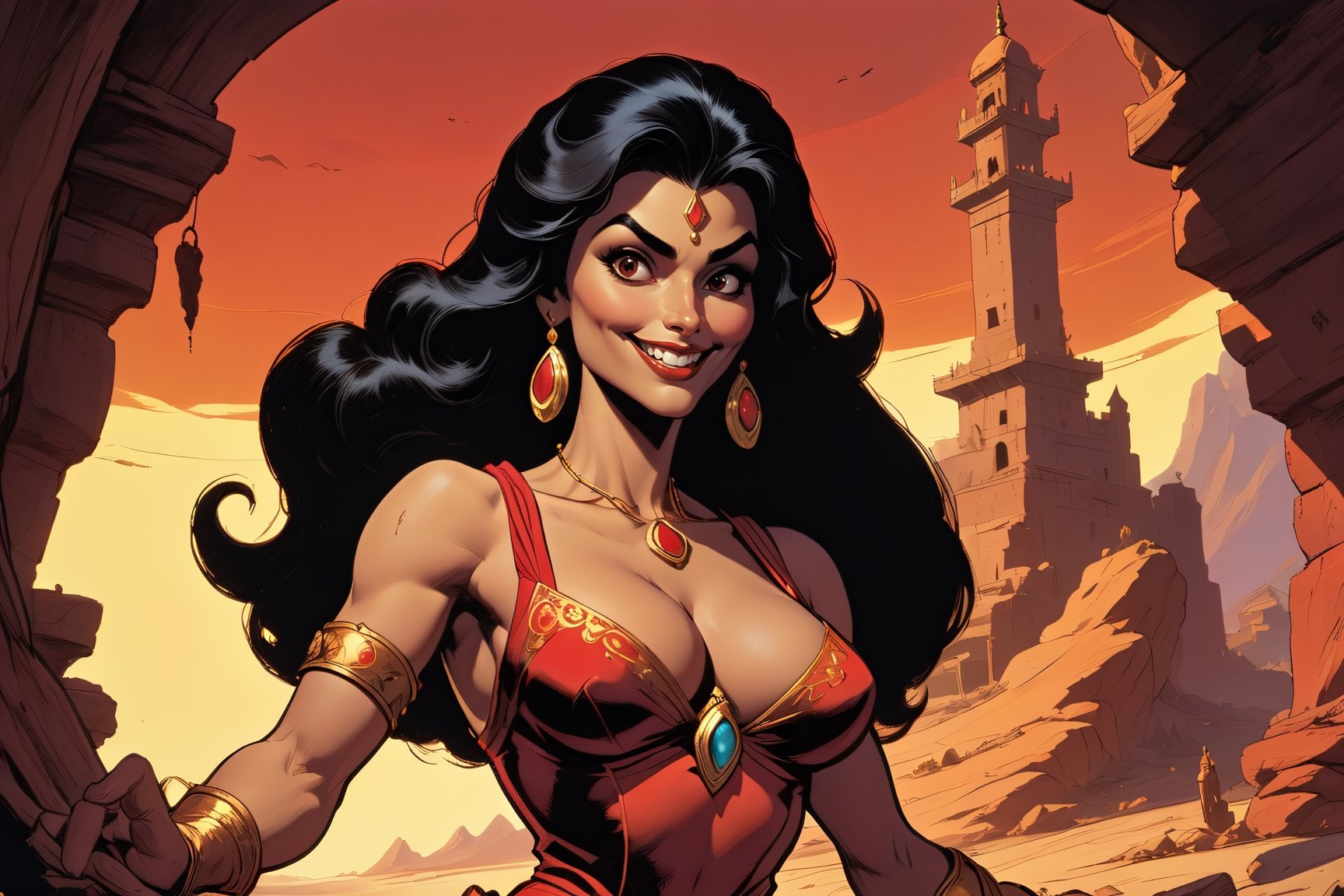 vintage comic book illustration, upper_body, an attractive female giant evil geany from aladdin, 30 y.o, towering, smoke, (crimson red skin color: 1.4), (black hair: 1.3), (small breasts size: 1.3), (she's wearing sexy red arabic princess clothes: 1.3), sensual, evil smiling, pretty face, (evil geany pose: 1.4), making magic spells, villain magic scene, arabic cave interior scene, indoors,  in the style of Frank Frazetta, graphic illustration, comic art, graphic novel art, vibrant, highly detailed,