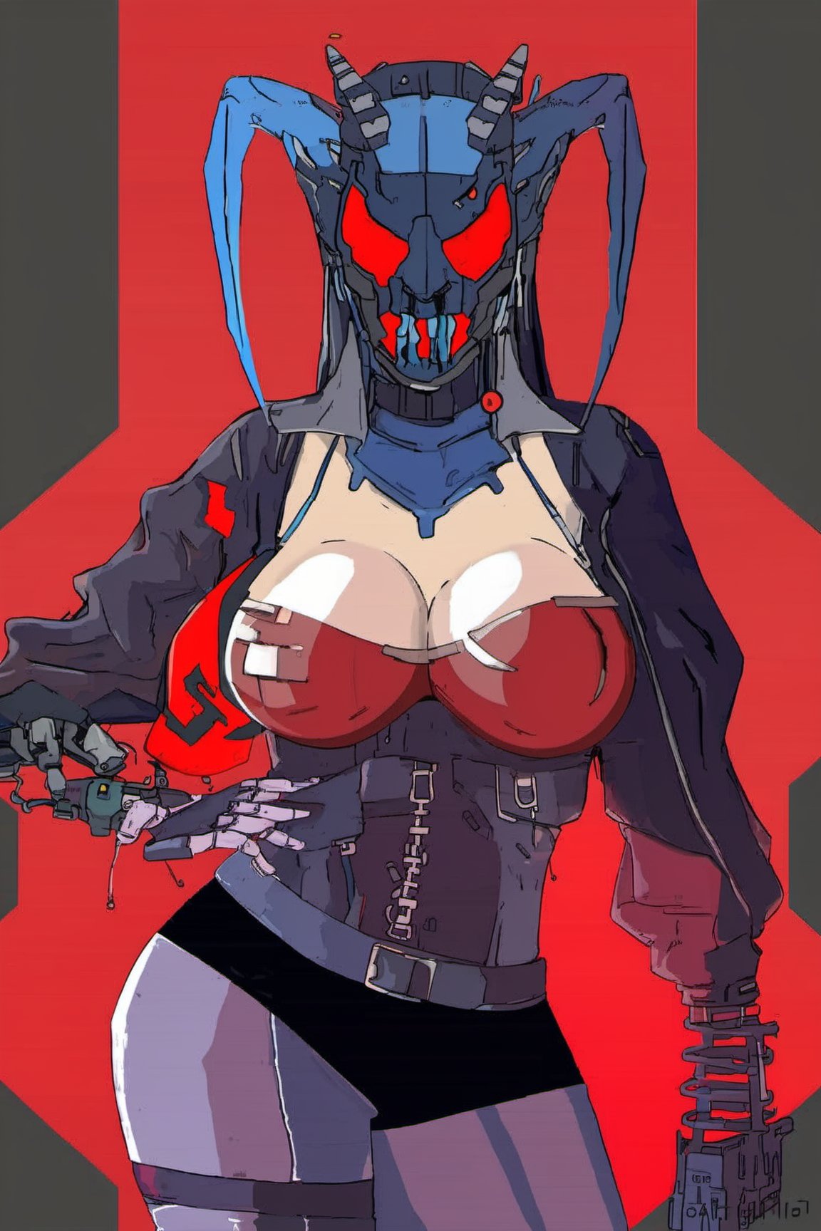 Portrait of masked girl, vampire, cybernetic, red black blue, full_body, curvy_figure, showing boobs, 