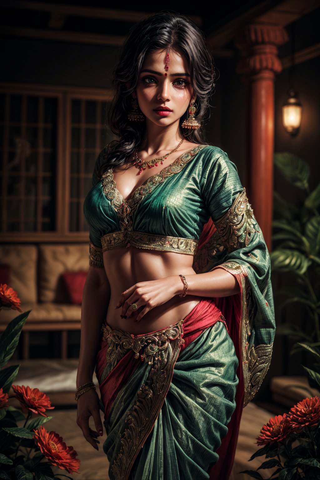  ((( girl wearing saree))),Saree,realistic,blouse, black red colour saree,  painting, indian texture, flowers, jewellery, goddess, ,perfecteyes, dark green theme, blue pink flowers