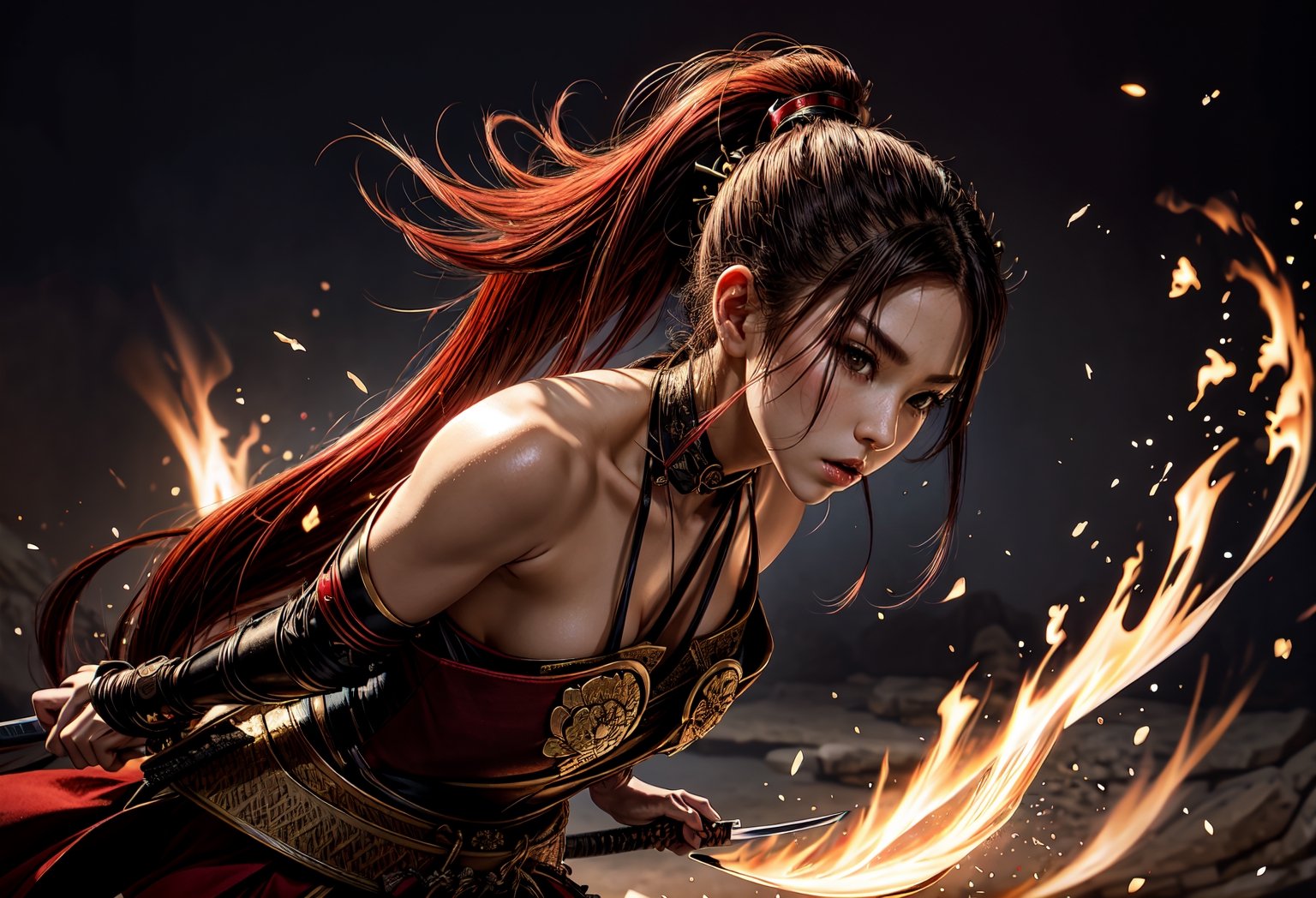 Generate a visually stunning wallpaper depicting a fierce and captivating female Samurai warrior wielding her katana,  exu...