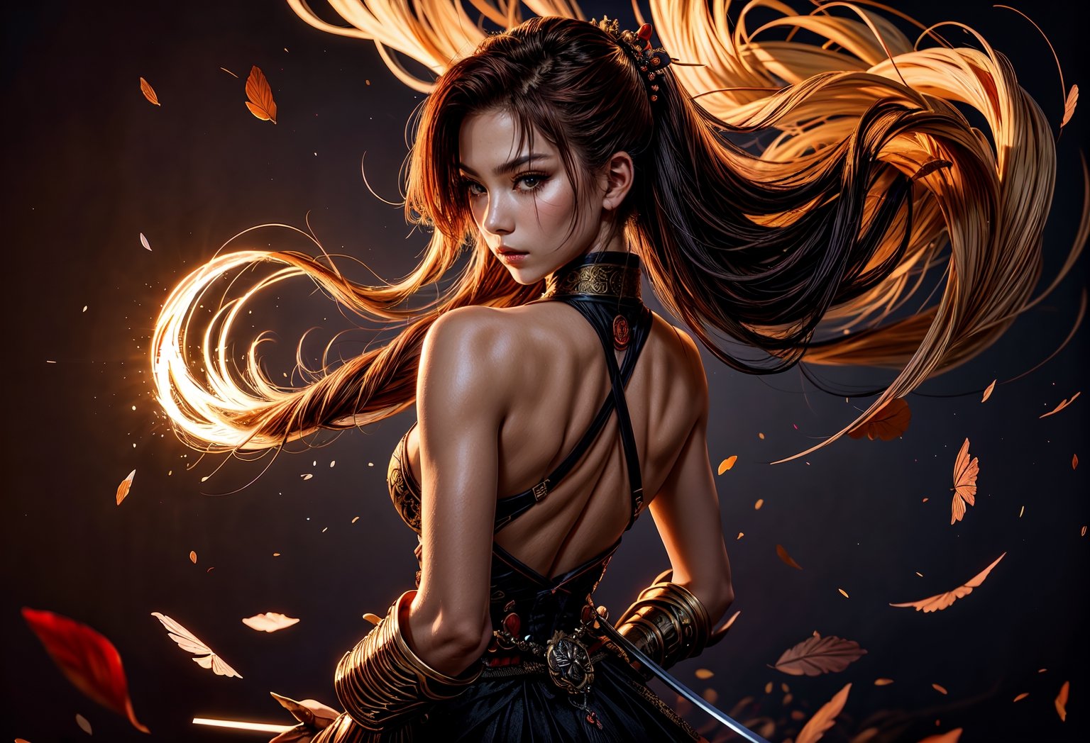 Create a stunning and visually captivating wallpaper depicting a fearless female Samurai warrior who exudes both beauty an...