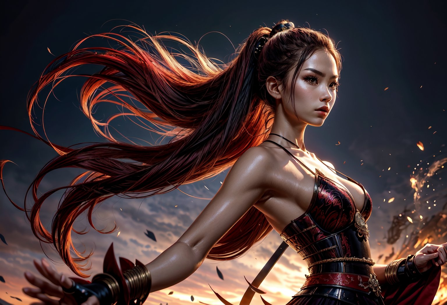 Create a stunning and visually captivating wallpaper depicting a fearless female Samurai warrior who exudes both beauty an...