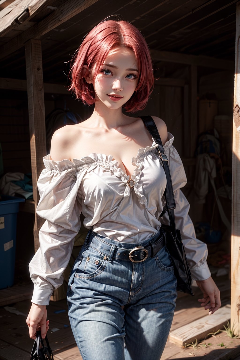 1girl realistic, Caucasian girl, photorealistic, dynamic view, Teen girl, full body, 16 years old, (beautiful detailed eyes),((best quality)), ((highly detailed)), masterpiece, best quality, highres, gscg, ahoge, overalls, white shirt, collarbone, off shoulder, long sleeves, belt, long pants, large breasts, cow_girl, cowboy shot, standing, smile, smile exposed thighs photo realistic, shorthair, hair slicked back, farm, barn