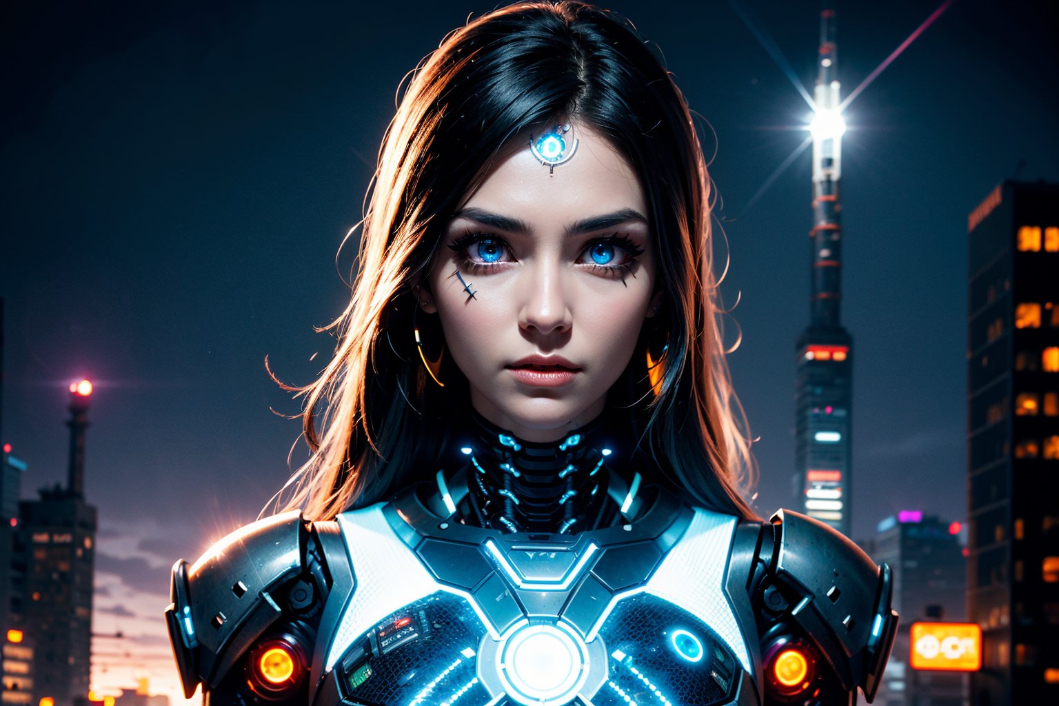 edgNoire,upper body shot,female, steampunk bodysuit, cyberpunk city, neon lights, volumetric lighting, dabbing light on hair, long hair, blue eyes, ultre detailed eyes, intricate tech jewels, hologram watch, sky scraper, cyborg body parts, planet, sharp eyes, highest eye quality, ultra sharp eyes, intricate cyborg, intricate glowings eyes, eyes closeup, purple sun flare, robot, smoooth skin,