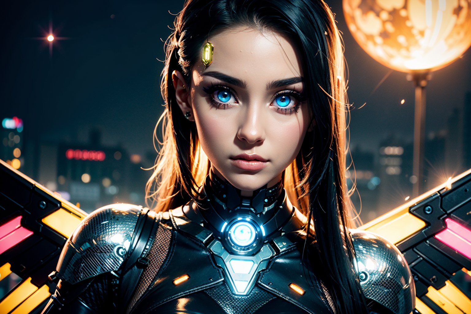 edgNoire,upper body shot,female, steampunk bodysuit, cyberpunk city, neon lights, volumetric lighting, dabbing light on hair, long hair, blue eyes, ultre detailed eyes, intricate tech jewels, hologram watch, sky scraper, cyborg body parts, planet, sharp eyes, highest eye quality, ultra sharp eyes, intricate cyborg, intricate glowings eyes, eyes closeup, purple sun flare, robot, smoooth skin, metallic wings, wings ingraved with lines, ariana grande, pink makeup, 