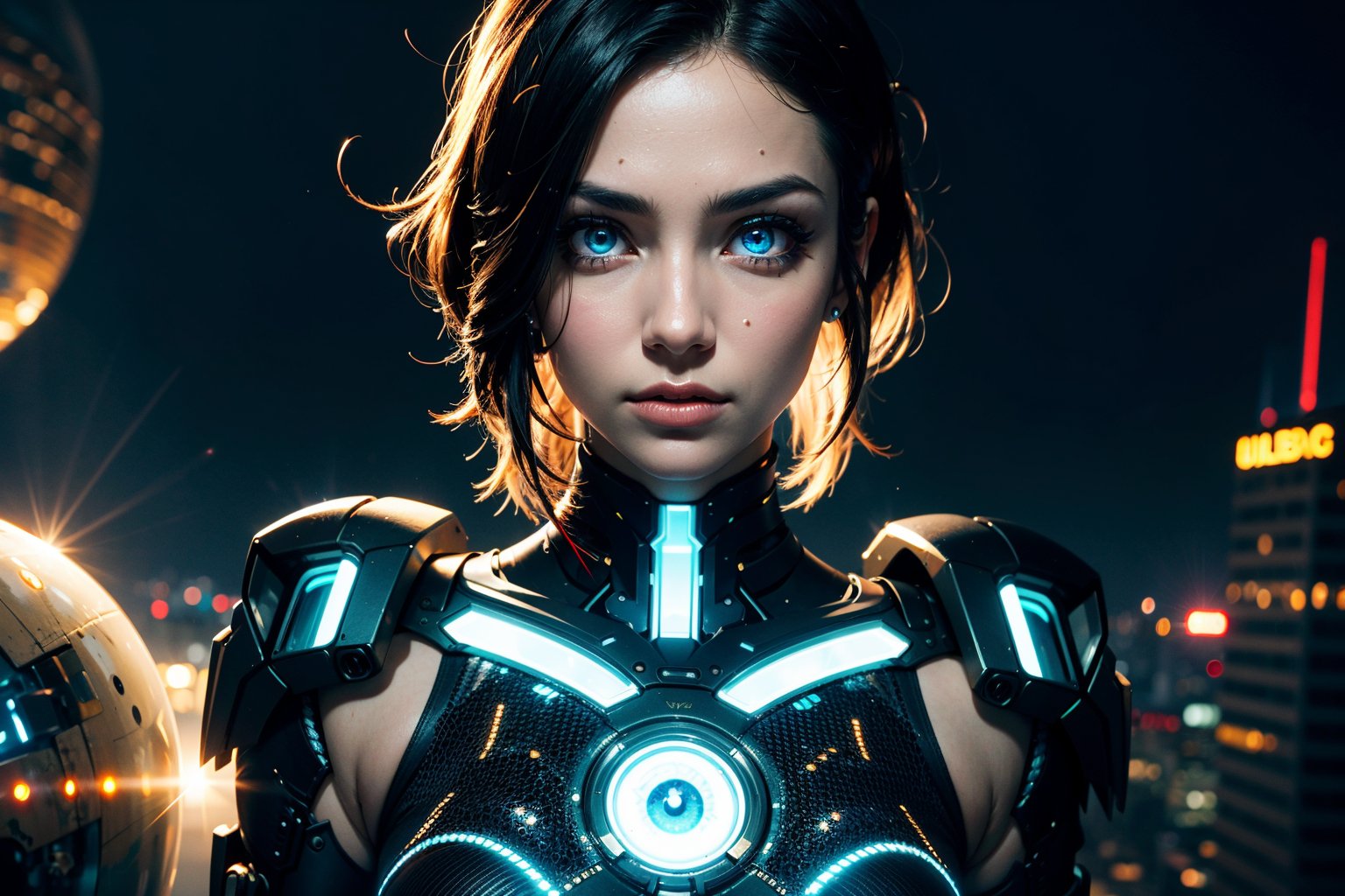 edgNoire,upper body shot,female, steampunk bodysuit, cyberpunk city, neon lights, volumetric lighting, dabbing light on hair, long hair, blue eyes, ultre detailed eyes, intricate tech jewels, hologram watch, sky scraper, cyborg body parts, planet, sharp eyes, highest eye quality, ultra sharp eyes, intricate cyborg, intricate glowings eyes, eyes closeup, sun flare, robot, smoooth skin,